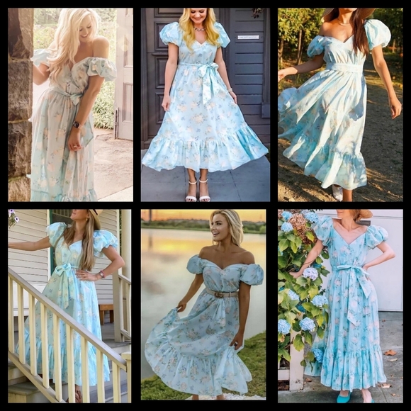 10 LoveShackFancy Estelle Floral Blue Puff Short Sleeve Midi Dress Target - Picture 1 of 16